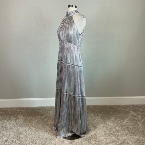 Silver Metallic Halter Evening Gown Size 12 Ruffled A-Line Long Dress by AQUA - Picture 5 of 13